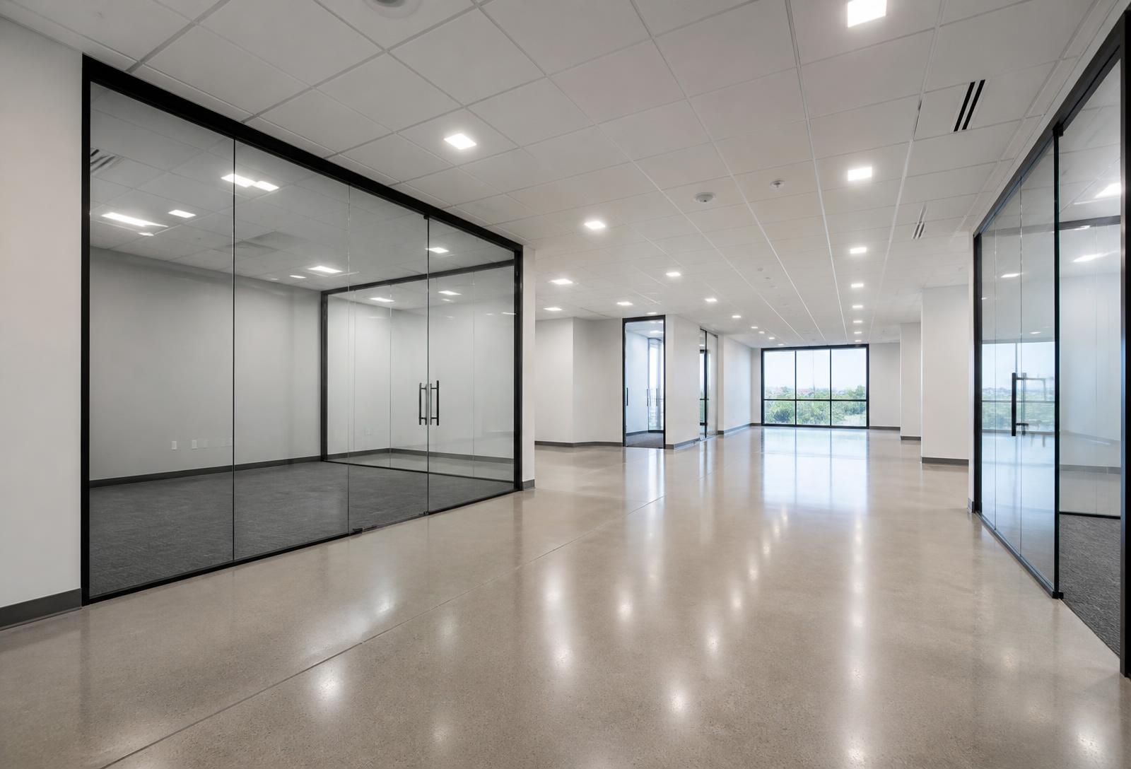 Modern office interior with glass partitions and polished floors after renovation